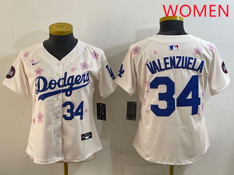 Women Los Angeles Dodgers #34 Valenzuela Cream Sakura Edition 2025 Nike MLB Jersey style 8->women mlb jersey->Women Jersey